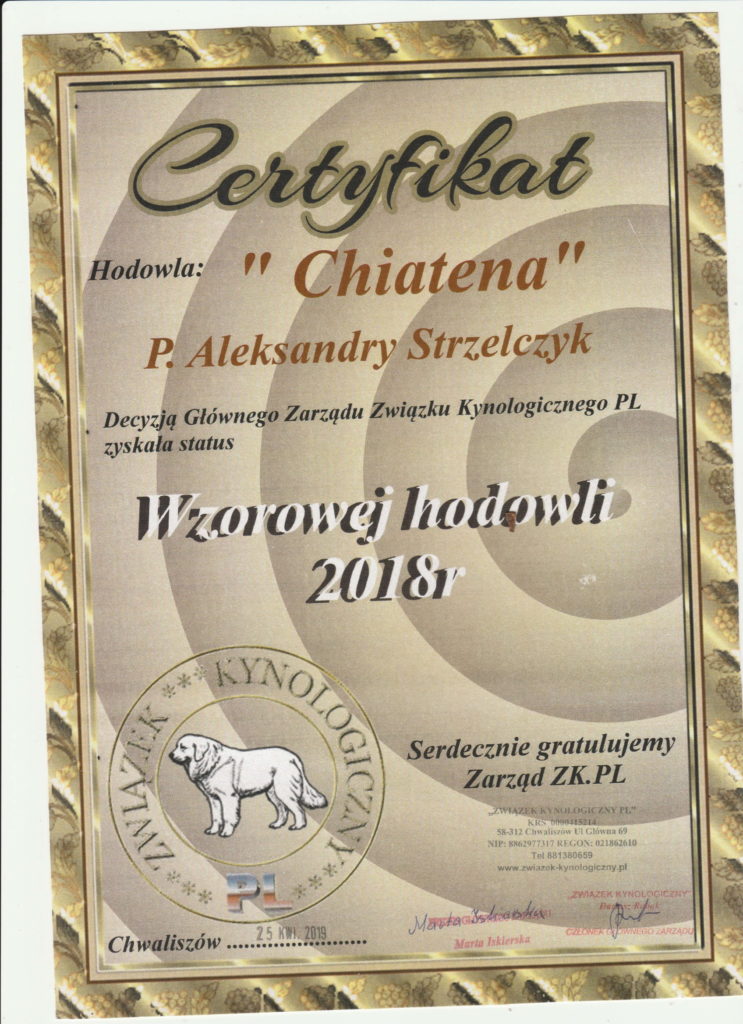 certyfikat wzorowej hodowli